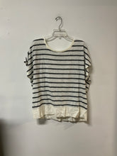 Load image into Gallery viewer, CAbi (L) white &amp; black stripes short sleeve cream trim
