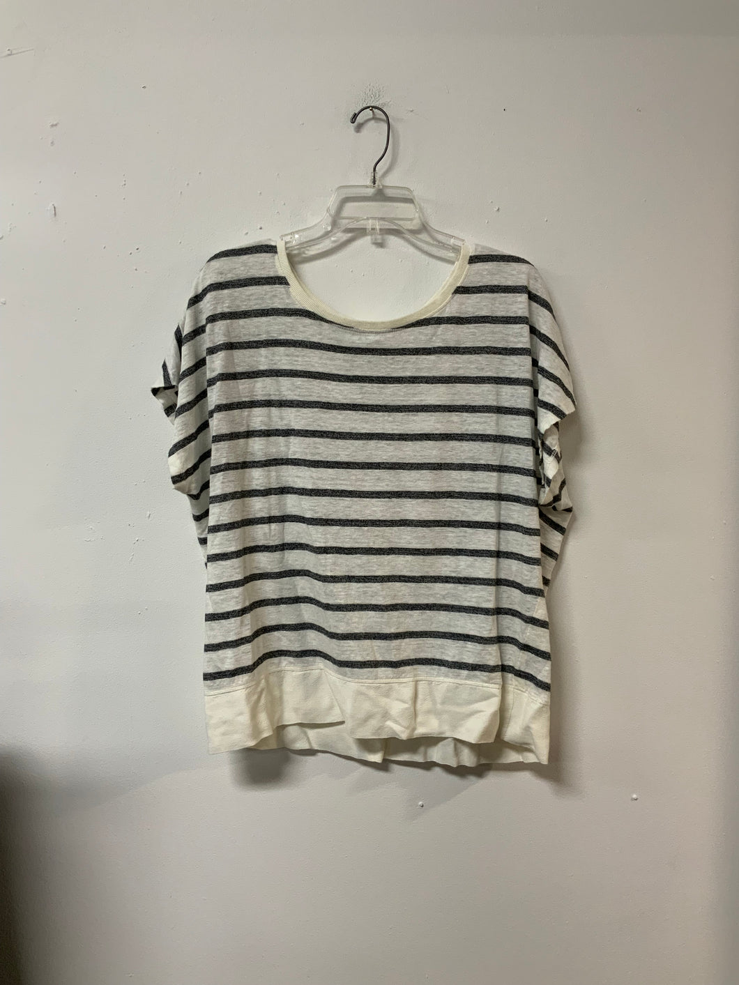 CAbi (L) white & black stripes short sleeve cream trim